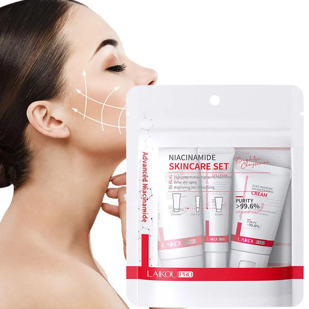 Niacinamide Huidverzorgingset Gezichtsreiniger, Gezicht & Oogcrème Voor Anti-Veroudering, Hydraterende, Whitening, Rimpelreductie 3 Stuks