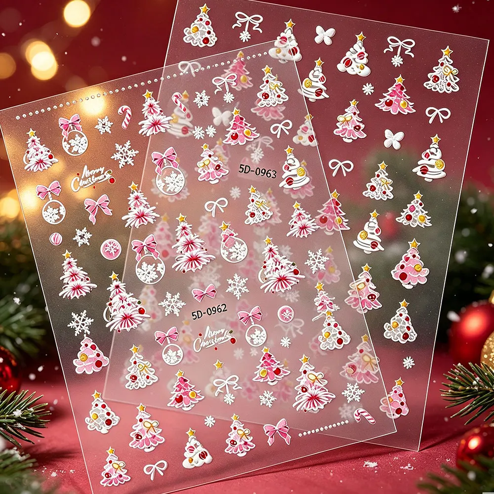 1Pcs 5D Pink Fire Work Christmas Tree Nail Stickers Cute Snow Globe Bow Snowflakes Nail Decals Self-adhesive Xmas Nail Decor 8W$
