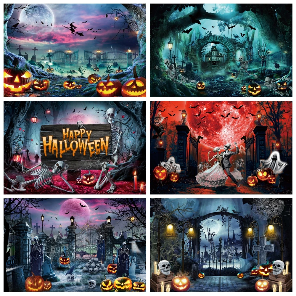

Halloween Party Backdrop Horror Night Moon Scary Grave Ghost Skull Witch Castle Children Portrait Photography Background Decor