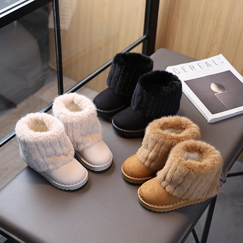 Toddler Kids Winter Snow Boots, Pleated Furry Upper, Thick Plush Lining, Non Slip Sole, Warm Ankle Boots for Cold Weather
