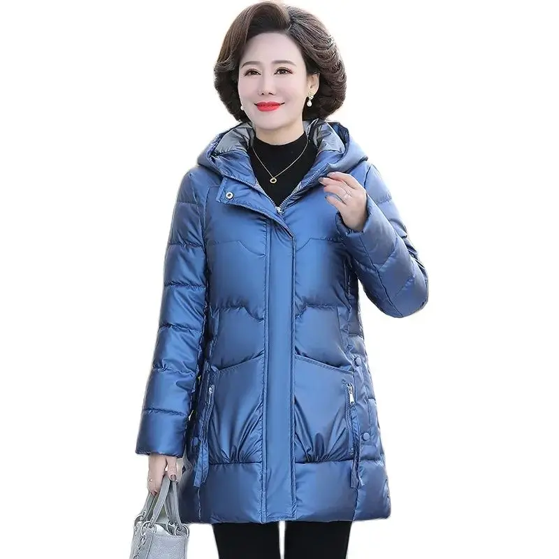 

Middle-Aged Mother Coat Bright Noodle Waived Wash Medium Longdown Cotton Coat Winter Hooded Keep Warm Loose Fashion Women Tops