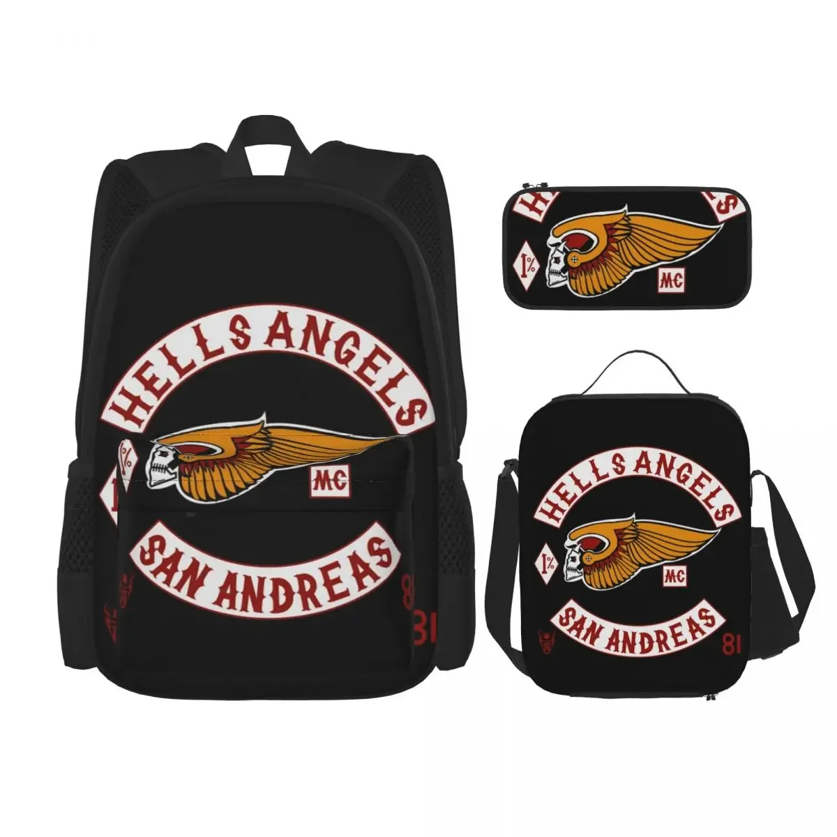 Hells Angels ransel Logo tas buku anak-anak tas sekolah kartun anak-anak ransel tas makan siang tas pena tiga potong Set