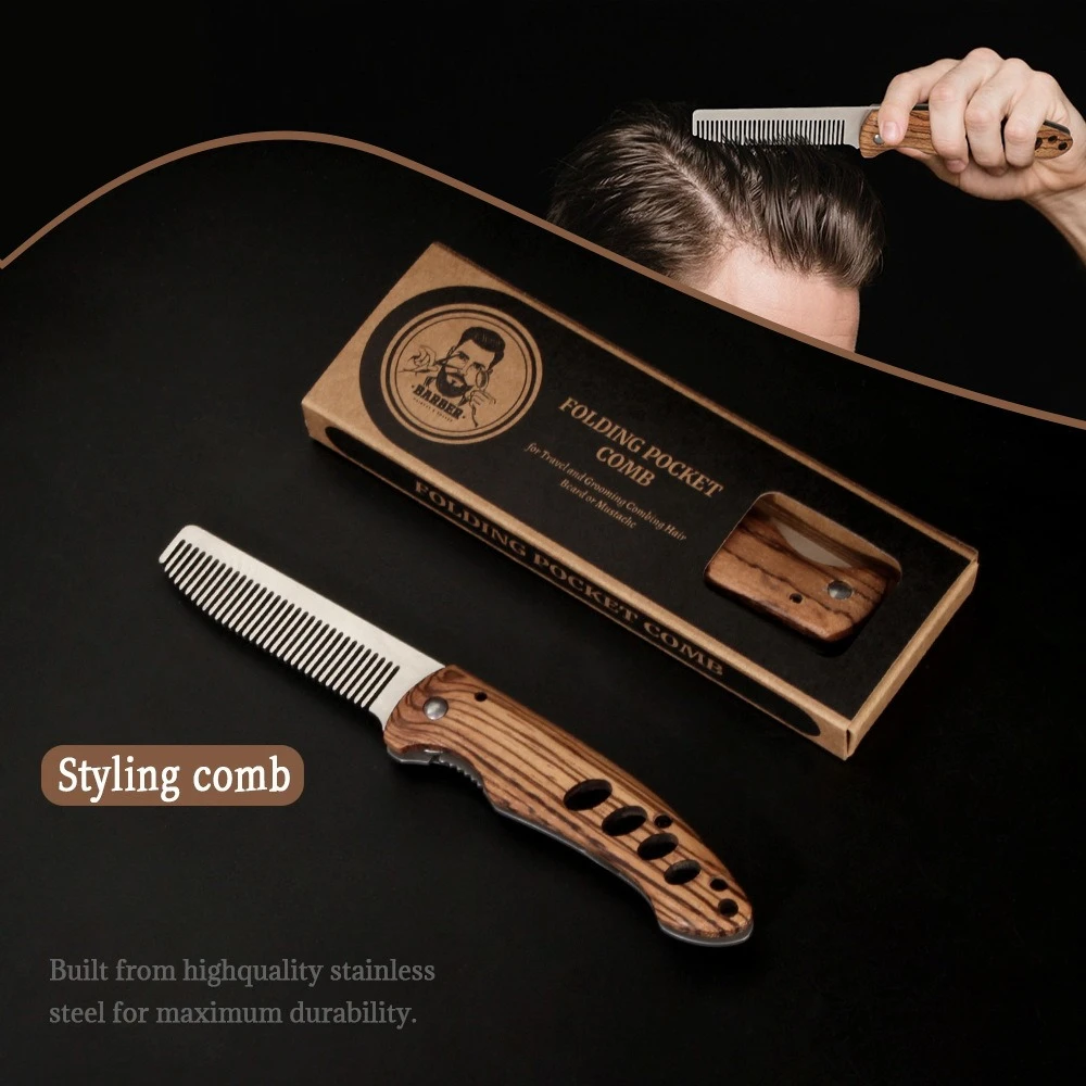 Solid Wood & Metal Folding Beard Comb for Men, Portable Pompadour Styling Grooming Kit, Barber-Grade Travel Hair Mustache Comb