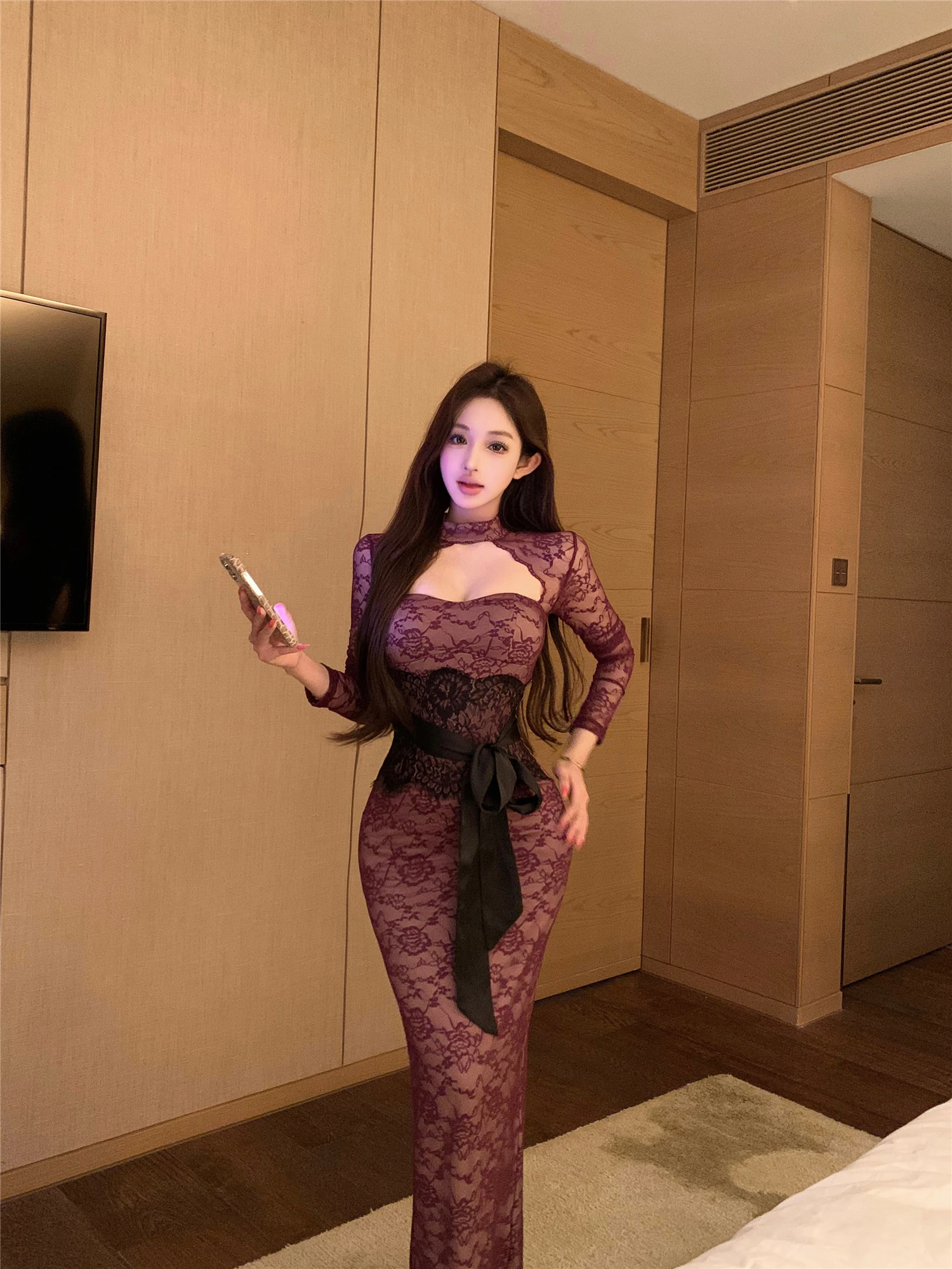 

Pure Desire Light Maturi Purple Lace Long Sve Dr Женский осенний пояс на талии Sexy Bal Butt Long Dr