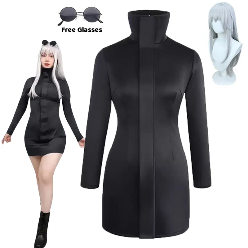 Gojo Satoru Cosplay Weibliche Uniform Halloween-Kostüme für Frauen Cosplay Dehnbarer Stoff Schwarz Sexy Kleid mit Brille