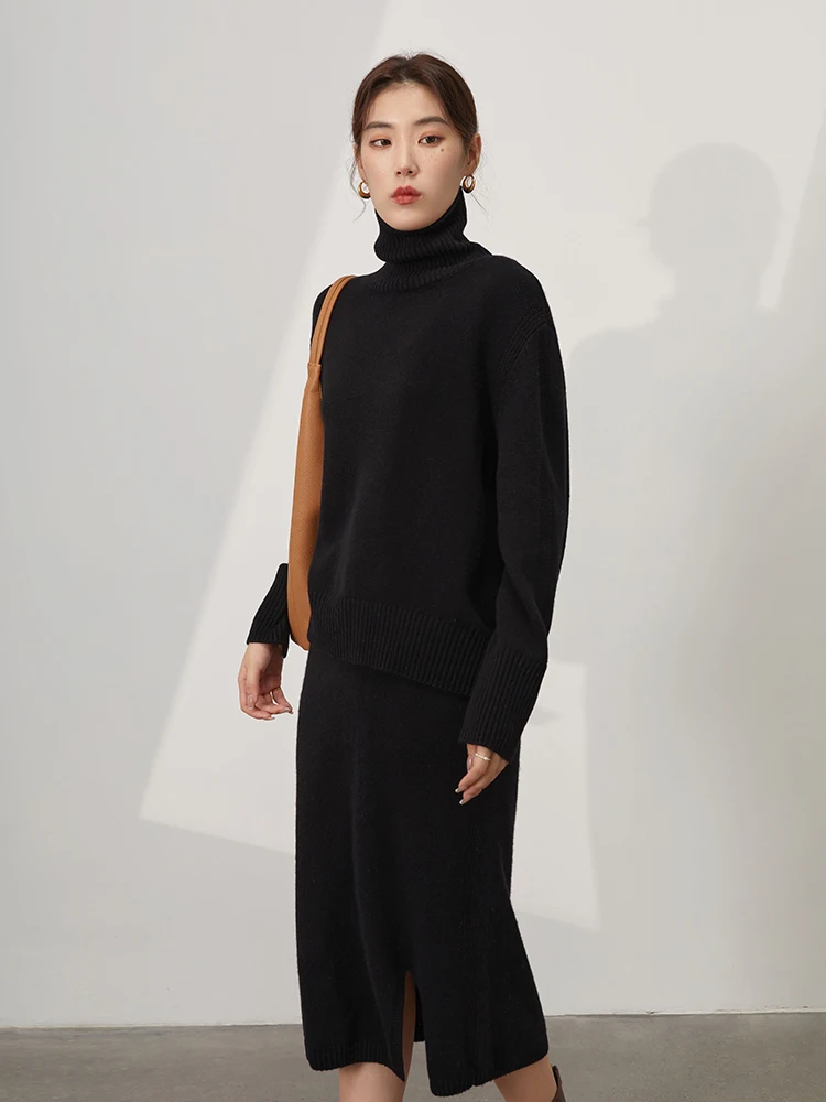 DUSHU Split Design Knitted Two-Piece Fashion Suit Winter New 2022 Sweater And Skirt Black Orange Women Loose Tops And Skirts