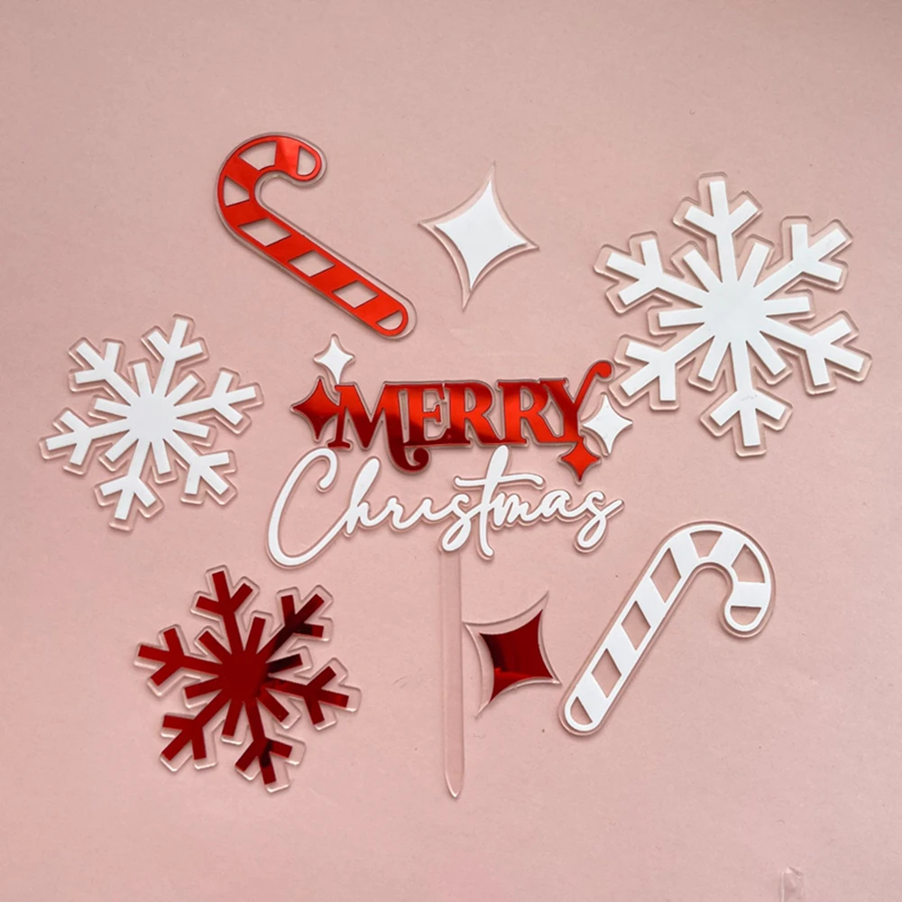 8pcs/set Acrylic Christmas Cake Decorations Merry Christmas Snowflakes New Year Party Cake Topper Decorations Supplies