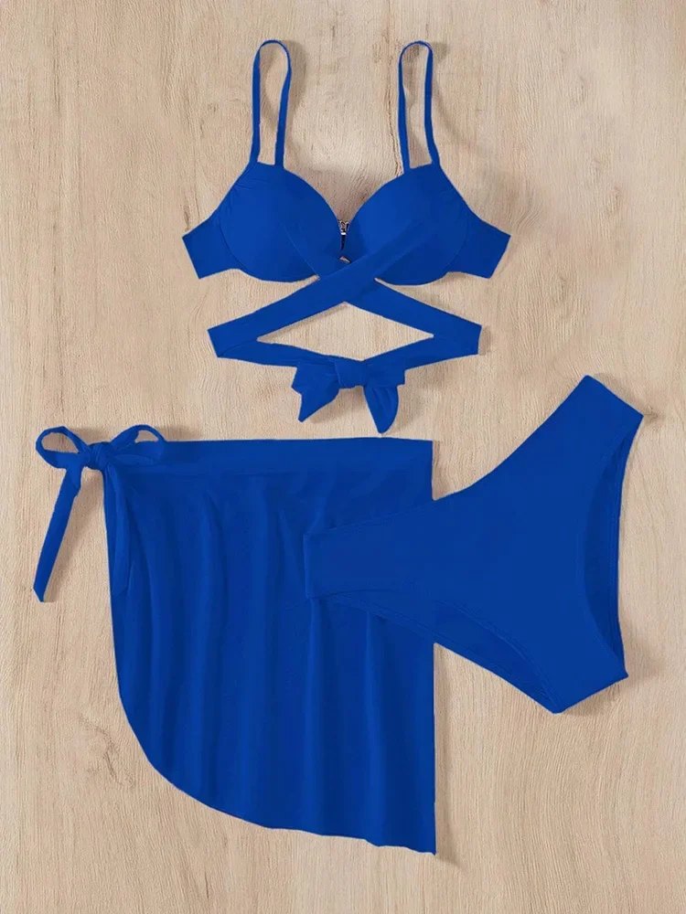 Sexy 3 sztuka Bikini Set Push Up kobiety strój kąpielowy 2023 Royal Blue stroje kąpielowe z spódnica kostiumy kąpielowe lato kostiumy kąpielowe