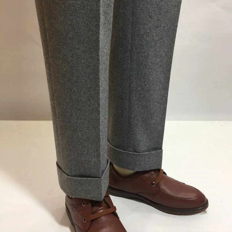 بنطال صوف رجالي مريح ومستقيم من الأمام المسطح كاجوال فستان بنطال ثقيل الوزن من القماش الصوفي لخريف وشتاء