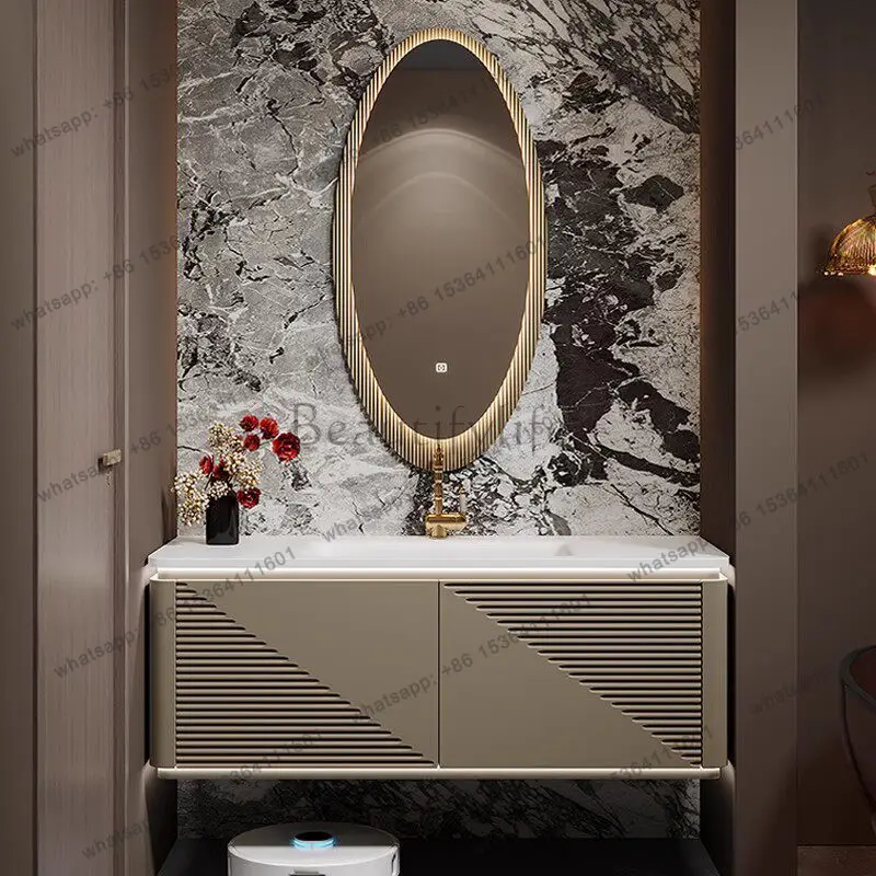 Modern light luxury integrated basin bathroom cabinet oak bathroom cabinet combination customization