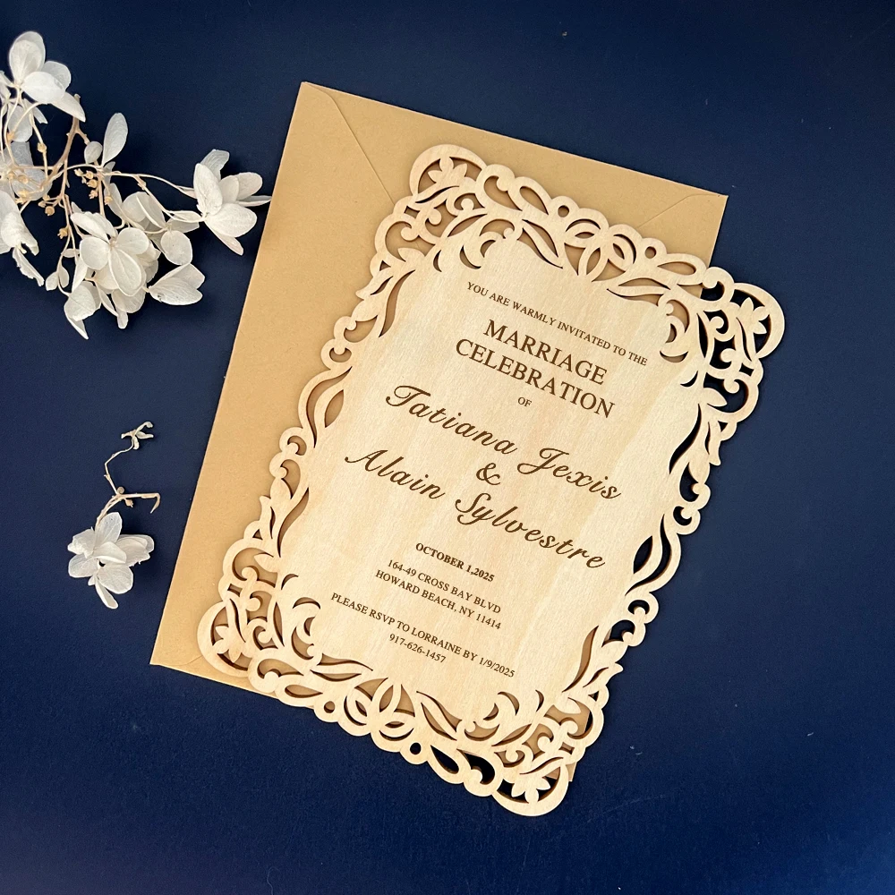 

10 pcs Exclusive European Floral Wooden Invitations, Exclusive Wedding Invitations Laser Engraved Name & Date with envelope