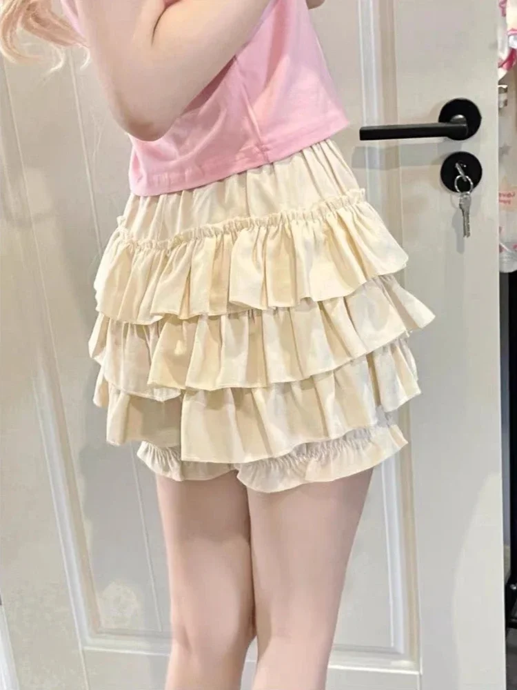 Falda Kawaii Lolita para mujer, minifalda con volantes en capas de cintura alta, pantalones cortos, estilo japonés Harajuku, chica suave