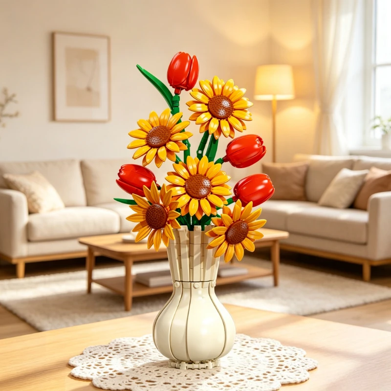Spring Summer Style Sunflower Building Blocks DIY Floral Ornament Small Particle Assembly Model Home Display Decor Toy