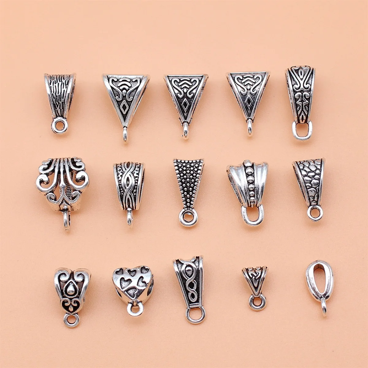 15pcs Antique Silver Color Inverted Triangle Tee Bails Beads Charms Collection For DIY Jewelry Making, 15 Styles, 1 of Each