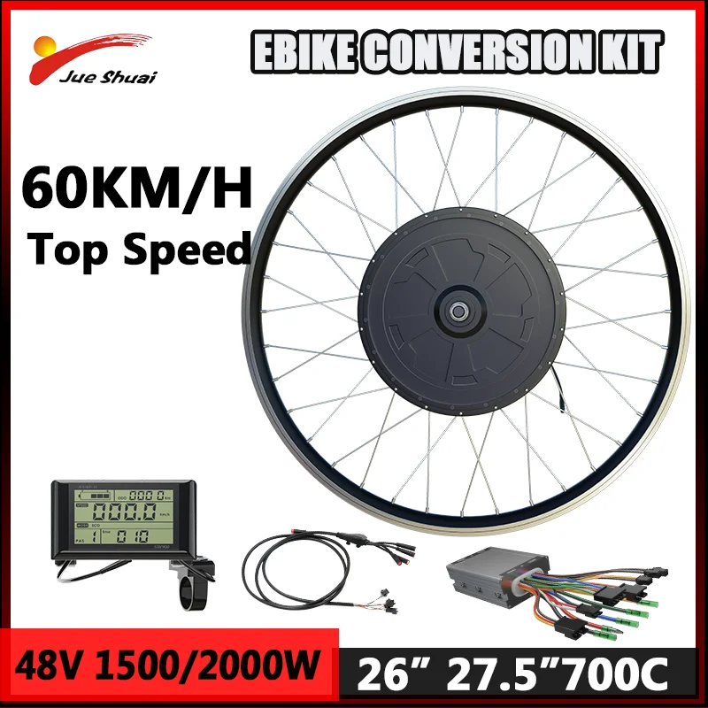 60KM/H Top Speed Electric Bike Conversion Kit 48V 1500W 2000W Brushless Motor Wheel 26