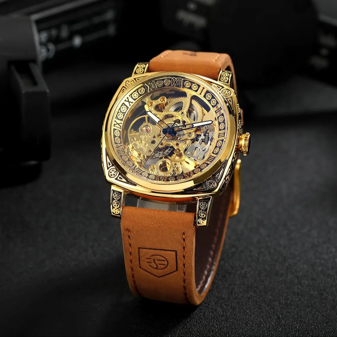 Forsining Gold Vintage Skeleton Mechanical Watches for Men Luxury Brand Square Engraved Automatic Watch Genuine Leather Strap