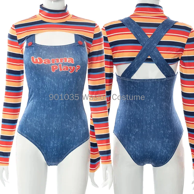 Kobiety straszny koszmar lalka zabójca chce zagraj w postać filmowa body Chucky Doll dwuczęściowy zestaw kostium Cosplay kombinezon