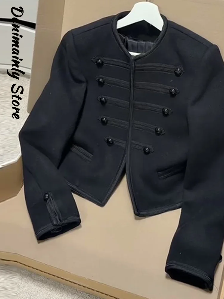 

Элегантный черный асимметричный укороченный жакет с пуговицами, женская куртка с круглым вырезом, карманами и длинными рукавами, весна 2026, для офиса и повседневной носки, новинка