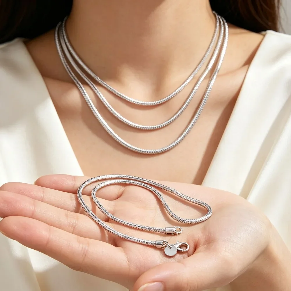 55cm Silver Solid Snake Chain Necklace 1MM/2MM/3MM For Men Women Fashion Jewelry Fit Pendant Free Shipping