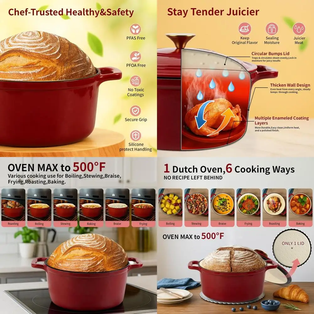 

Красная круглая эмалированная чугунная жаровня объемом 4,7 л с крышкой, идеально подходит для тушения, запекания и приготовления рагу, подходит для духовки и индукционных плит.