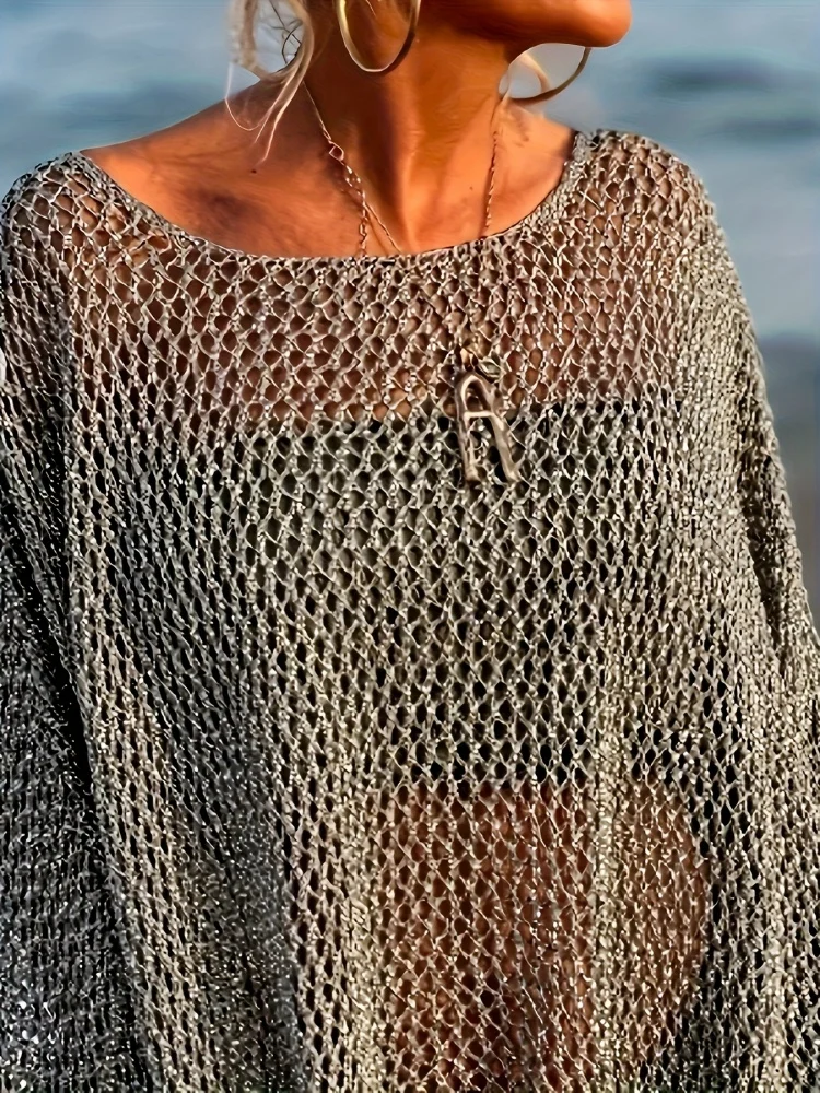 European and American Plus-Size Women's Vacation-Style Beach Shirt Cover-Up Sexy Hollow-Out Pocket Knit Top for Women image 6