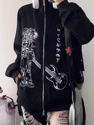 Japanese Cartoon Print Hoodies Harajuku Vintage Double Zipper Jacket Kawaii Sweatshirt Grunge Casual Streetwear Y2k Aesthetic