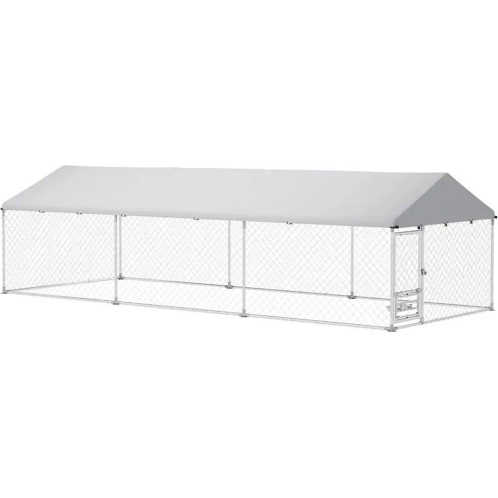 

Уличный вольер для собак, 6,1 м x 2,3 м x 1,6 м, сверхпрочный большой вольер для собак на улице с водонепроницаемой крышей, подставкой для мисок, оцинкованной сеткой