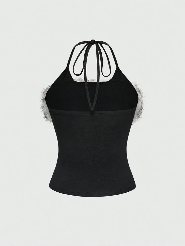 2026 Sommer Damen Y2K Grunge Goth Streetwear Sexy Kunstfell-Besatz Kreuz-Buchstaben-Print Slim Fit Cropped Neckholder Cami Tank Top – Detail 7