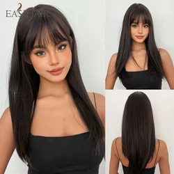 Black Brown Synthetic Wigs Long Straight Hair Natural Wig with Bangs Silky Wig for Women Daily Party Use Heat Resistant Hairs