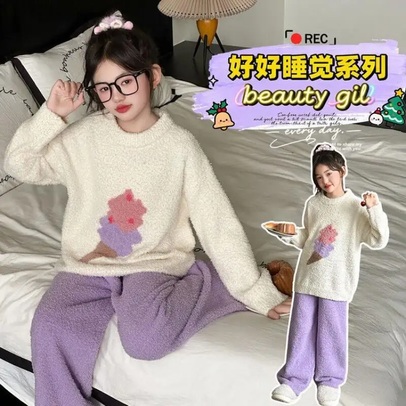 Kawaii فتاة موضة بيجامة مجموعة طالب الشتاء الدفء عادية الفانيلا رشاقته القمم السراويل الطويلة 2 قطعة مجموعة ملابس الأطفال #2