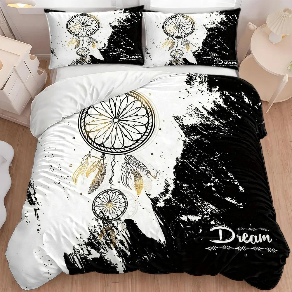 3Pc Bohemian Dreamcatcher Duvet Cover Set, Three-Piece Bed Set (1 Duvet Cover + 2 Pillowcases), Suitable for All Seasons, Machine Washable, Invisible Zipper Design, Large Double Bed Cover, Suitable for Home, Dormitory, Master Bedroom, Guest Room, Black and White Artistic Style Bedding Set, Specially Designed for Instagram-Style Bedding, Comfortable, Skin-Friendly, Easy to Care For, Trendy Bedroom Decor Bedding, 2D Flat Print