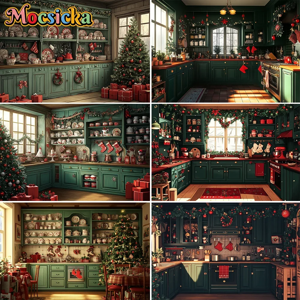 Mocsicka Photography Background Winter Christmas Kitchen Cabinets Window Xmas Kids Family Portrait Decor Backdrop Photo Studio