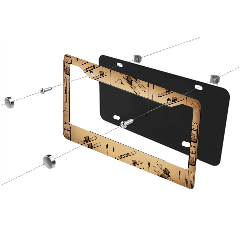قطعة واحدة من إطار لوحة الترخيص ذو الفتحتين باللون البني القديم مع نمط التزلج، مادة الألومنيوم، مقاس 6 × 12 بوصة، تتضمن طقم براغي، ديكور سيارة ممتع
