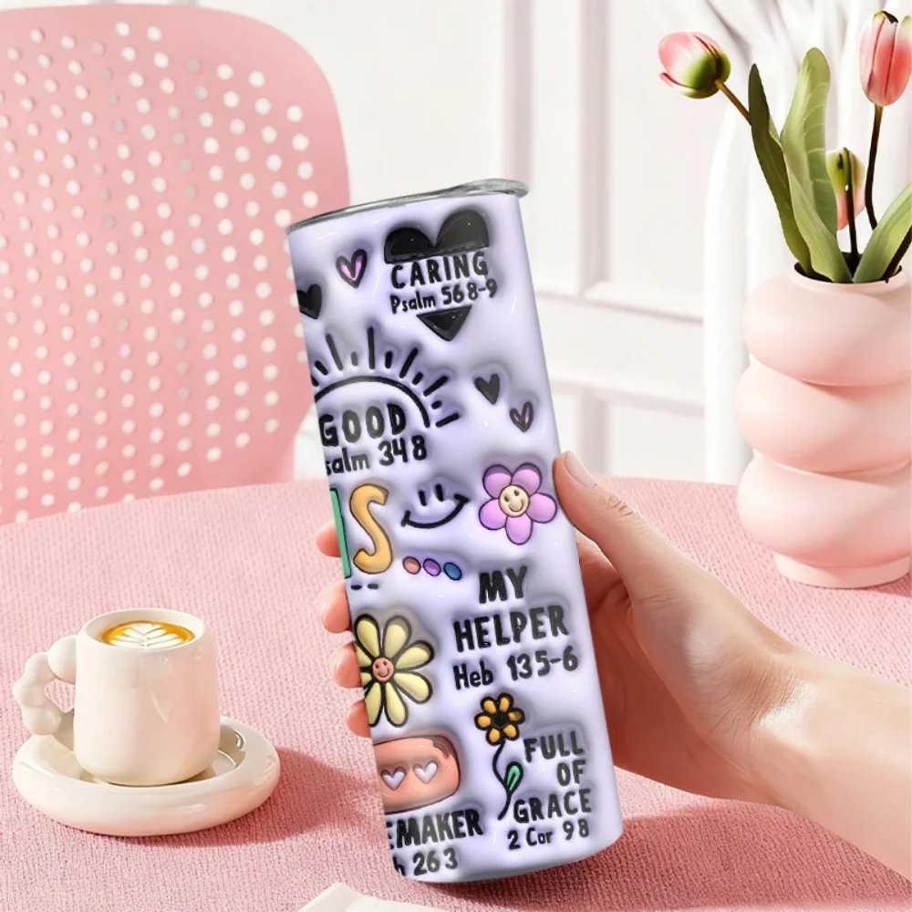 1pc Stainless Steel Water Bottle/Tumbler with Straw — Colorful Religious-Themed Sticker Design (20oz / 591ml)