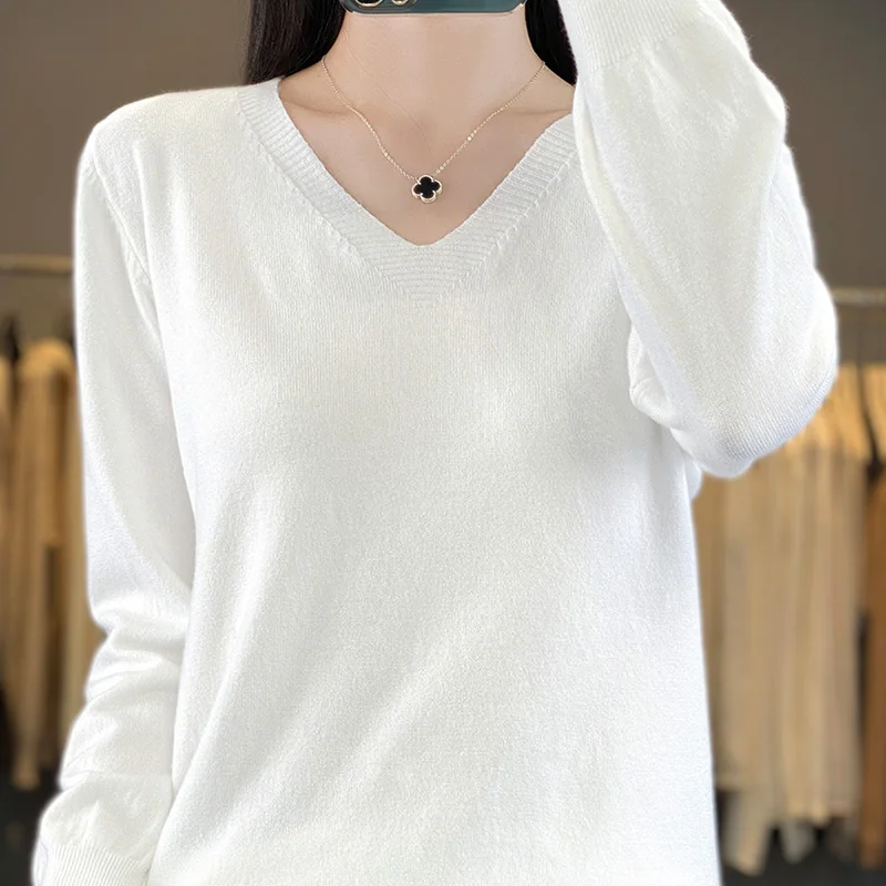 2024 Classic Style Cashmere Pullover Fashion Merino Wool Sweater V-Neck Long Sleeve Knitwear Soft Warm Basic\' Clothing Tops