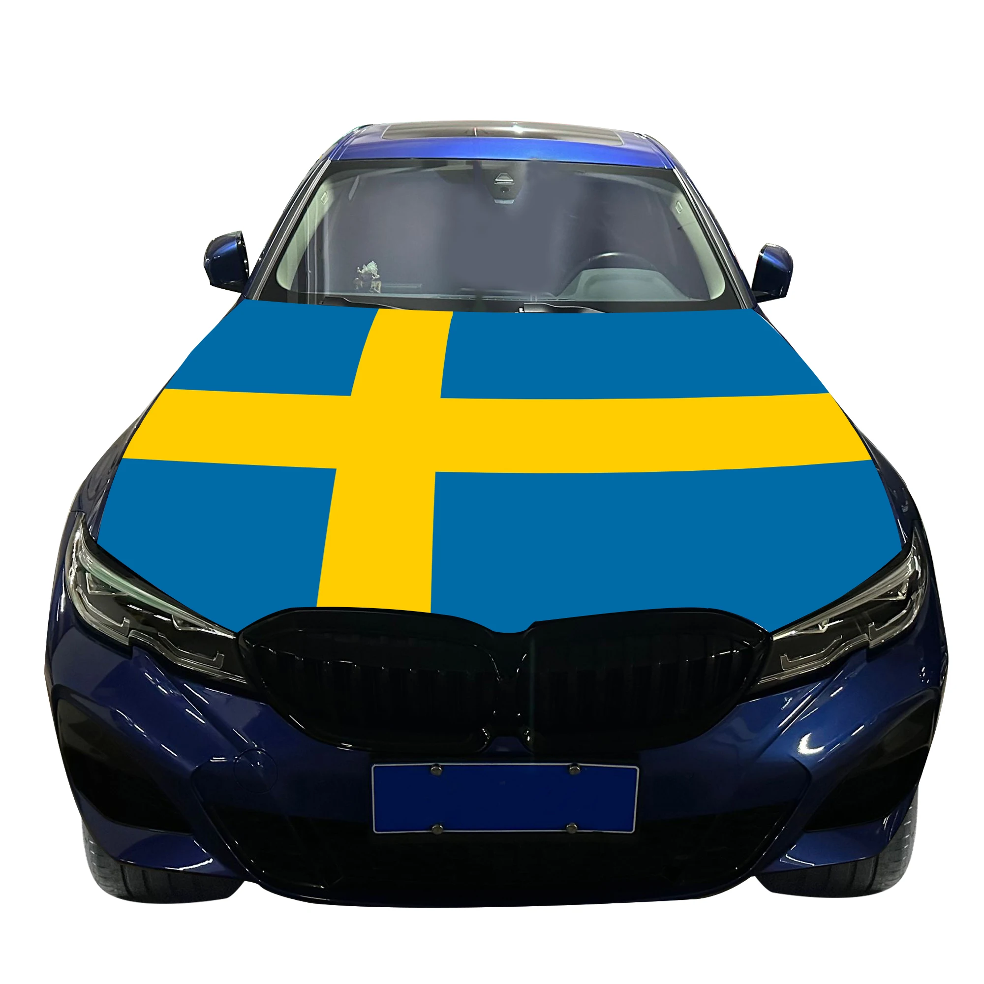 Sweden Car Hood Cover Flag  Universal Size Elastic Polyester 120x150cm for Car Decor