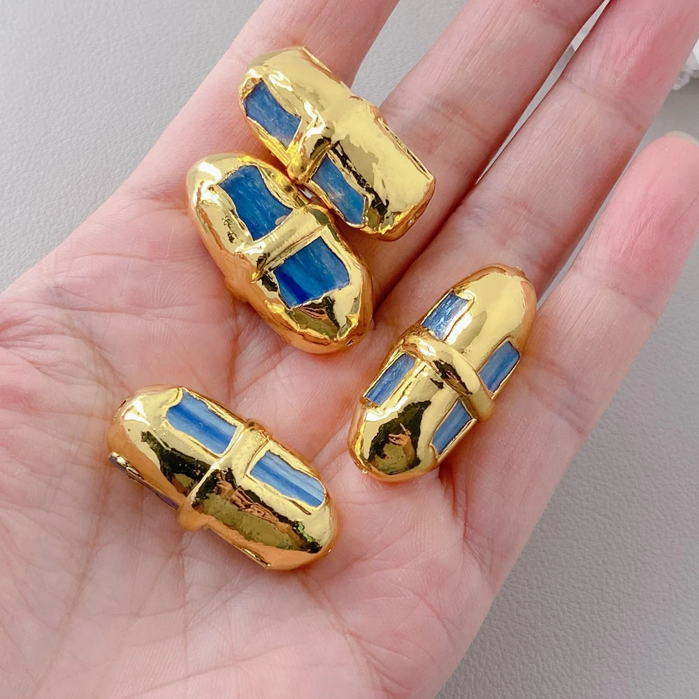 5 Pcs16x34mm  Natural Blue Kyanite Spacer Beads Finding Metal Plated DIY Jewelry Making