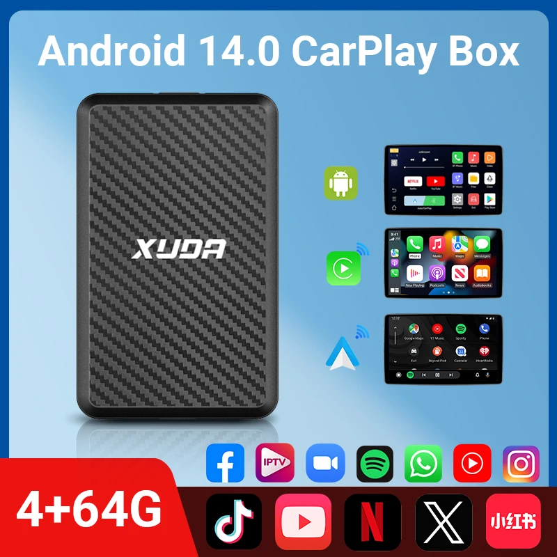 XUDA Android14 CarPlay Ai Box Wireless CarPlay & Android Auto 4Cores 4GBRAM + 64GB ROM Smart Box