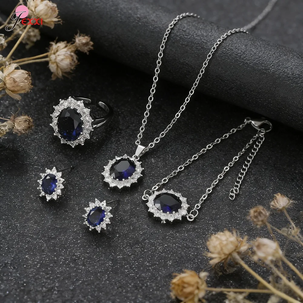 Princess Diana Style 4PCS Oval Gemstone Jewelry Set 925 Silver Necklace Earrings Ring Bracelet Wedding Bridal Gift