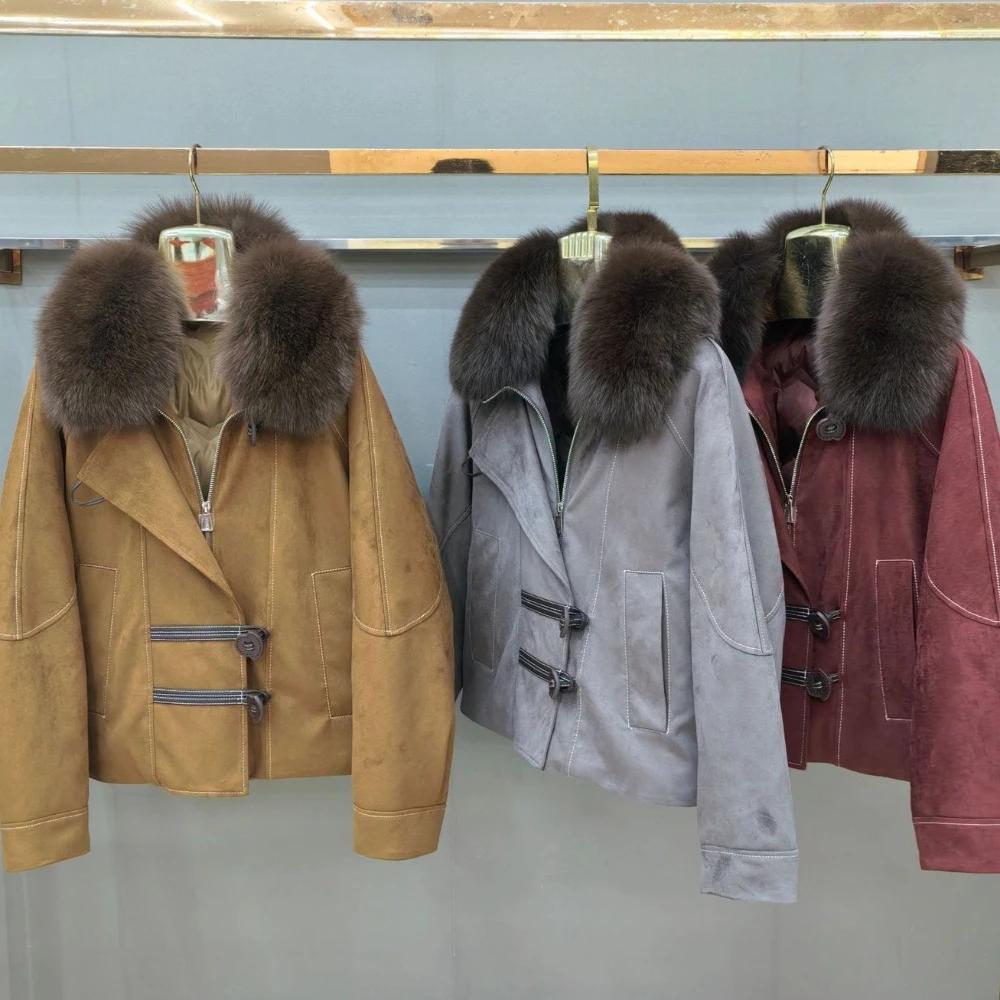 

Women's Winter Down Jacket with Flap Collar and Zipper White Duck Down Padding Natural Fox Fur Coat Thick and Warm Outerwear