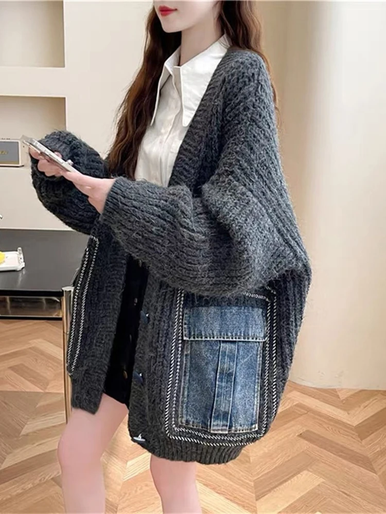 LANMREM Korean Style Knited Sweater Women\'s V-neck Single Breasted Denim Pockets Contrast Color Cardigan 2024 Autumn New 2Z2430