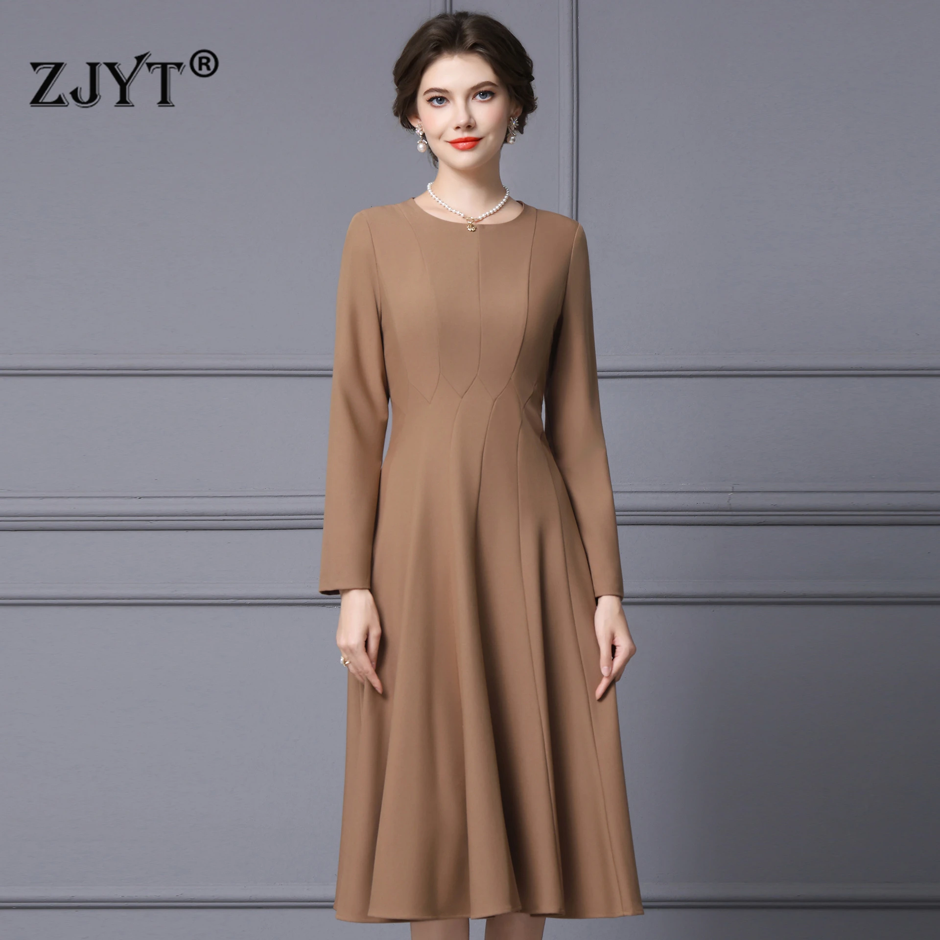 

ZJYT New Arrivals Autumn Long Sleeve Dresses for Women 2025 Fashion Designer Solid Brief Style Midi Casual Basics Dress Female