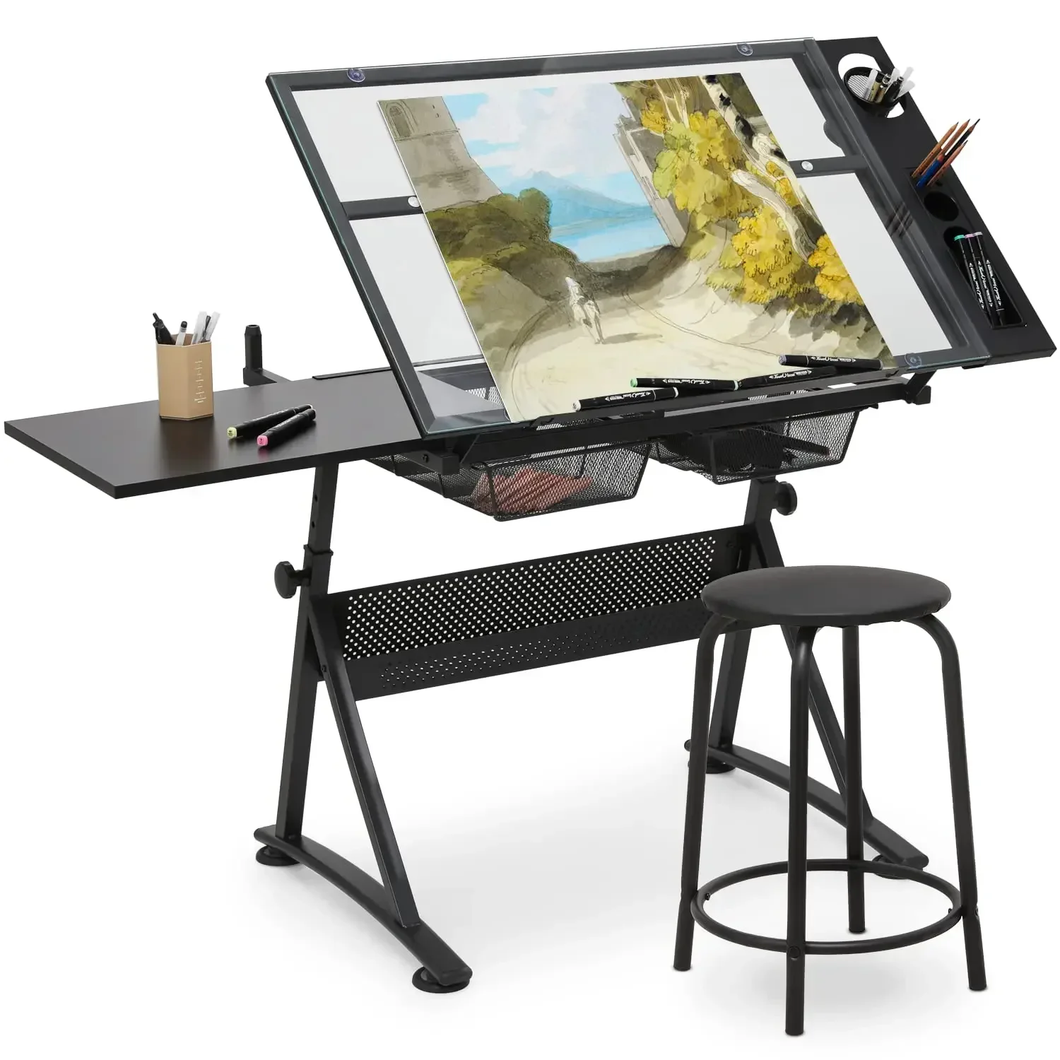 Drafting Table Stool Adjustable Height Modern Glass Top Length 28 36 In Width 19 In Height 30 In For Artists Designers Office St