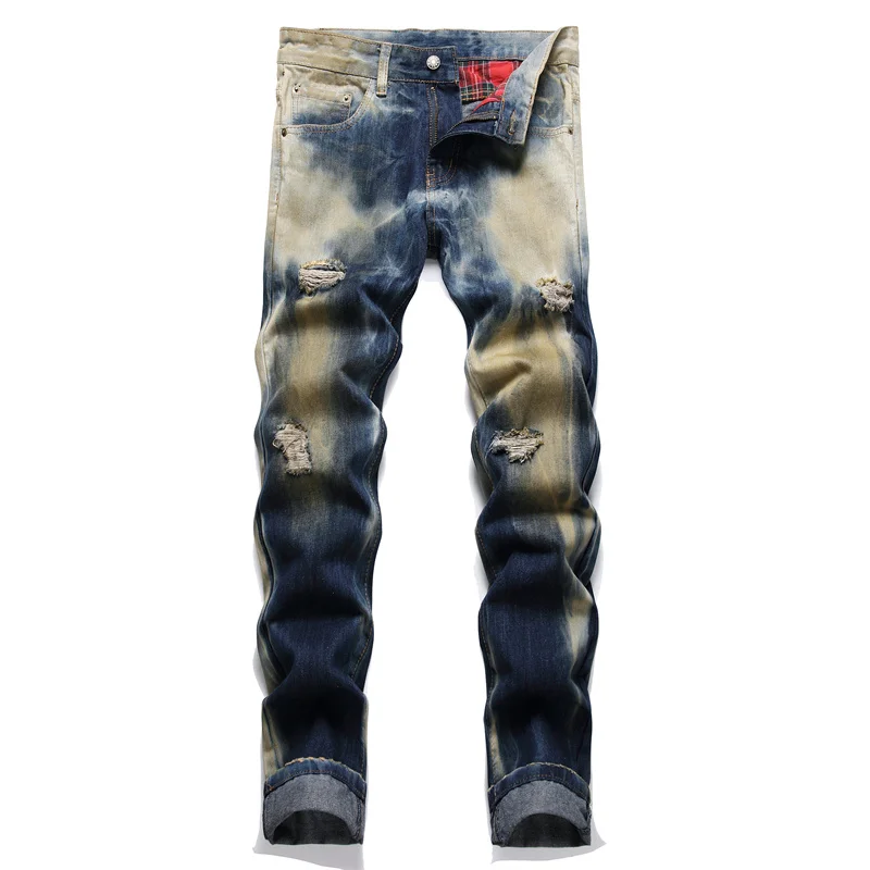 2024new men's fashion trendy vintage jeans men's slim stretch ripped light straight-leg motorcycle trousers