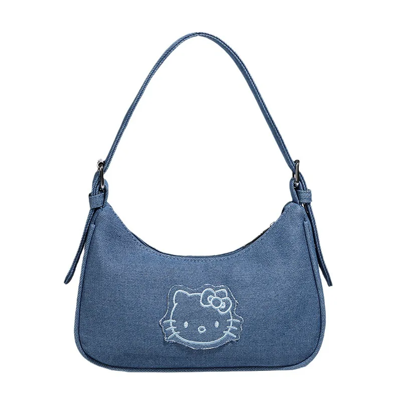 

Kawaii Hellokitty Embroidered Denim Underarm Bag Sweet Women's Shoulder Bag Cartoon Designer Handbag Luxury Y2k Portable Bags