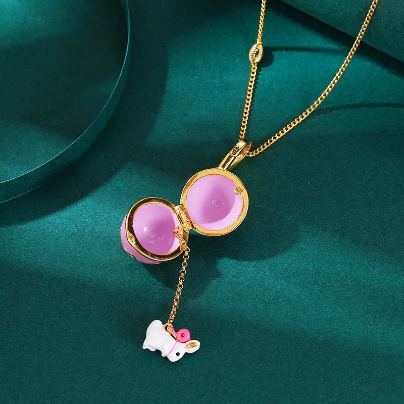 Openable Easter Egg Pendant Necklace Rhinestone Bunny Locket Cute Rabbit Shell Enamel Glaze Holiday Jewelry Gift for Women