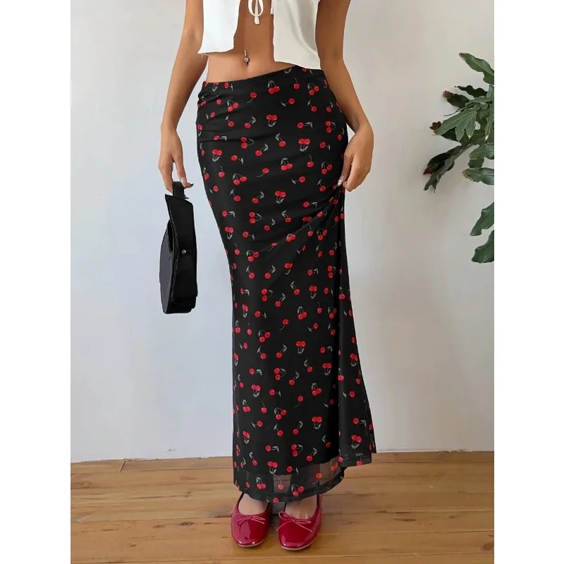 

Summer Fashion Long Skirts for Women's Cherry Print High Waist Contrast Patchwork Slim Elegant Sexy Slim Ladies Y2k Maxi Skirt
