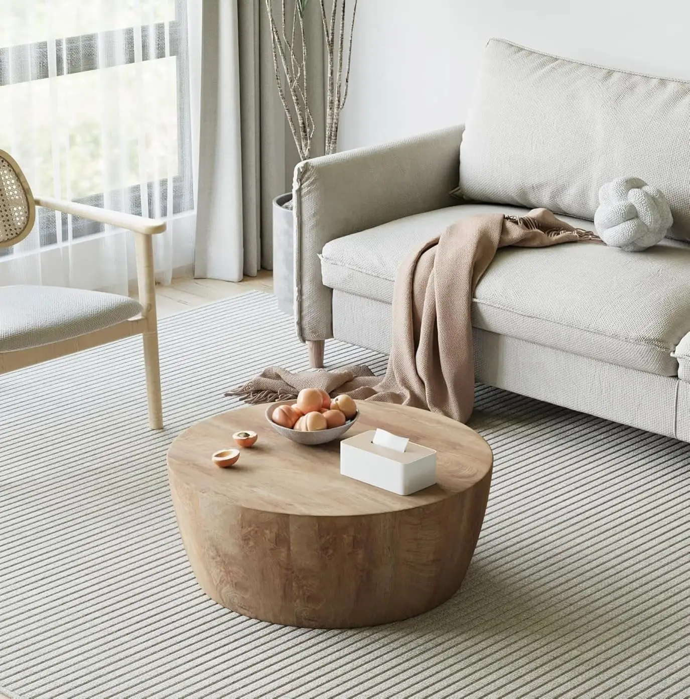 

30-дюймовый натуральный круглый журнальный столик для гостиной, журнальный столик-барабан, приставной столик в форме пенька с натуральным деревянным зерном, круглый