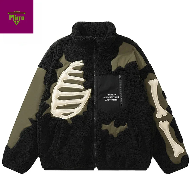 

Hip Hop Fleece Fuzzy Jacket Embroidery Skull Skeleton Bones Patch Lambswool Fuzzy Fluffy Coats 2023 Harajuku Thick Warm Jackets