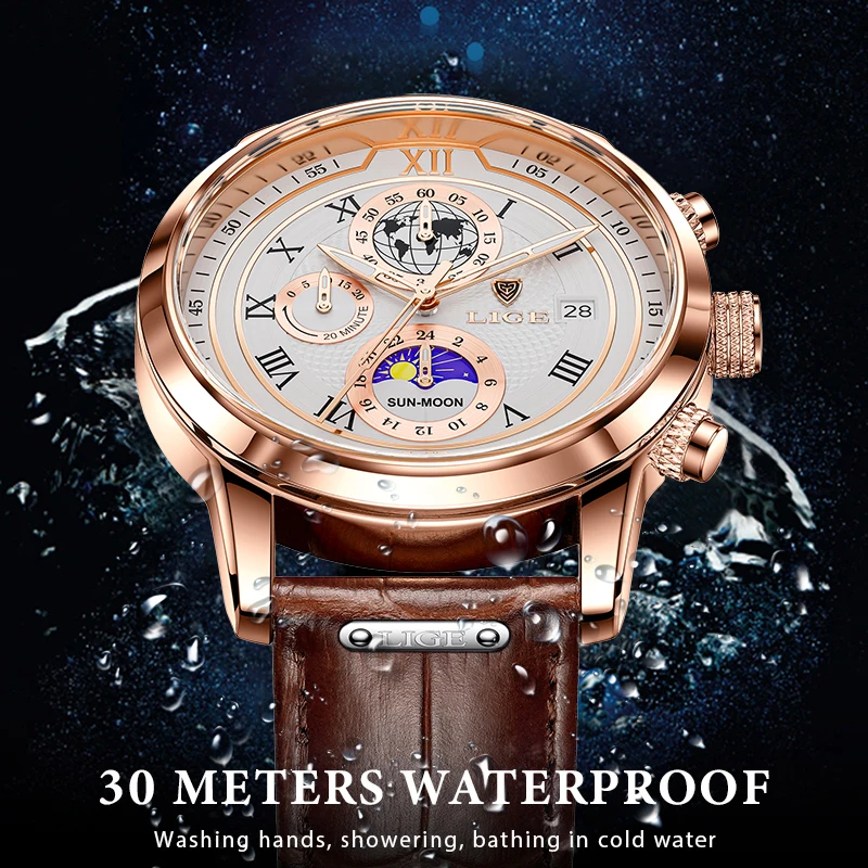 LIGE Brand Luxury Mens Watch Business Fashion Quartz Wristwatch Sport Waterproof Luminous Leather Strap Watches Men Reloj hombre